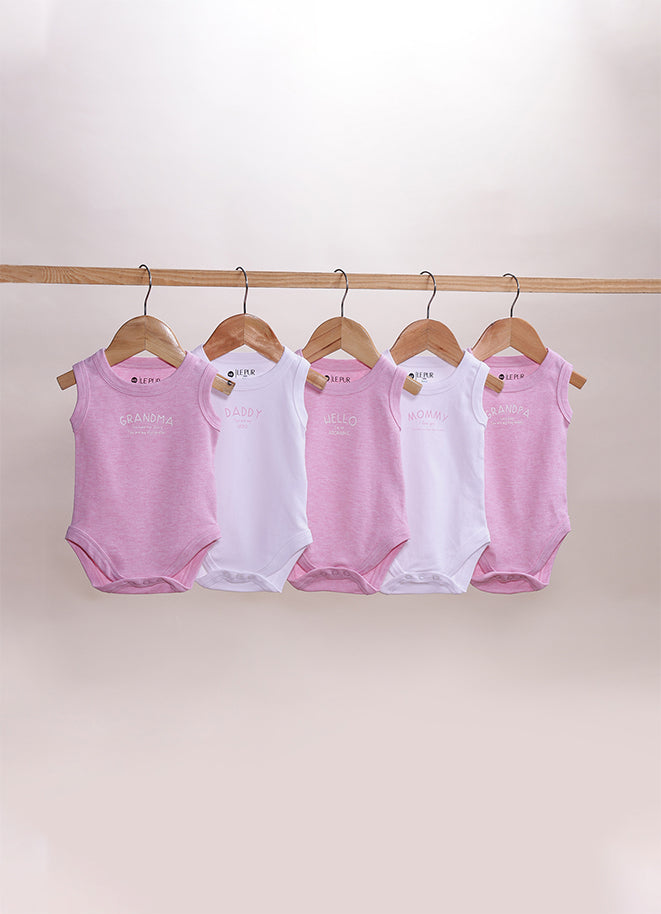 Le Pur Biocool Cotton Baby Girl Sleeveless Bodysuit Set – Pack of 5 (Pink & White) - LE PUR!
